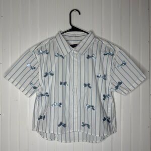 Aqua Blues Y2K Coquette Short Sleeve Button Down Crop Shirt With Real Bows Large